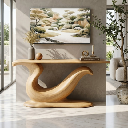 Solid Wood Console Table with Sculpted Curved Base, Modern Artistic Design - view 1 of 7
