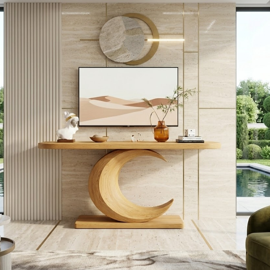 Solid Wood Console Table with Sculpted Crescent Base, Modern Artistic Design - view 1 of 7