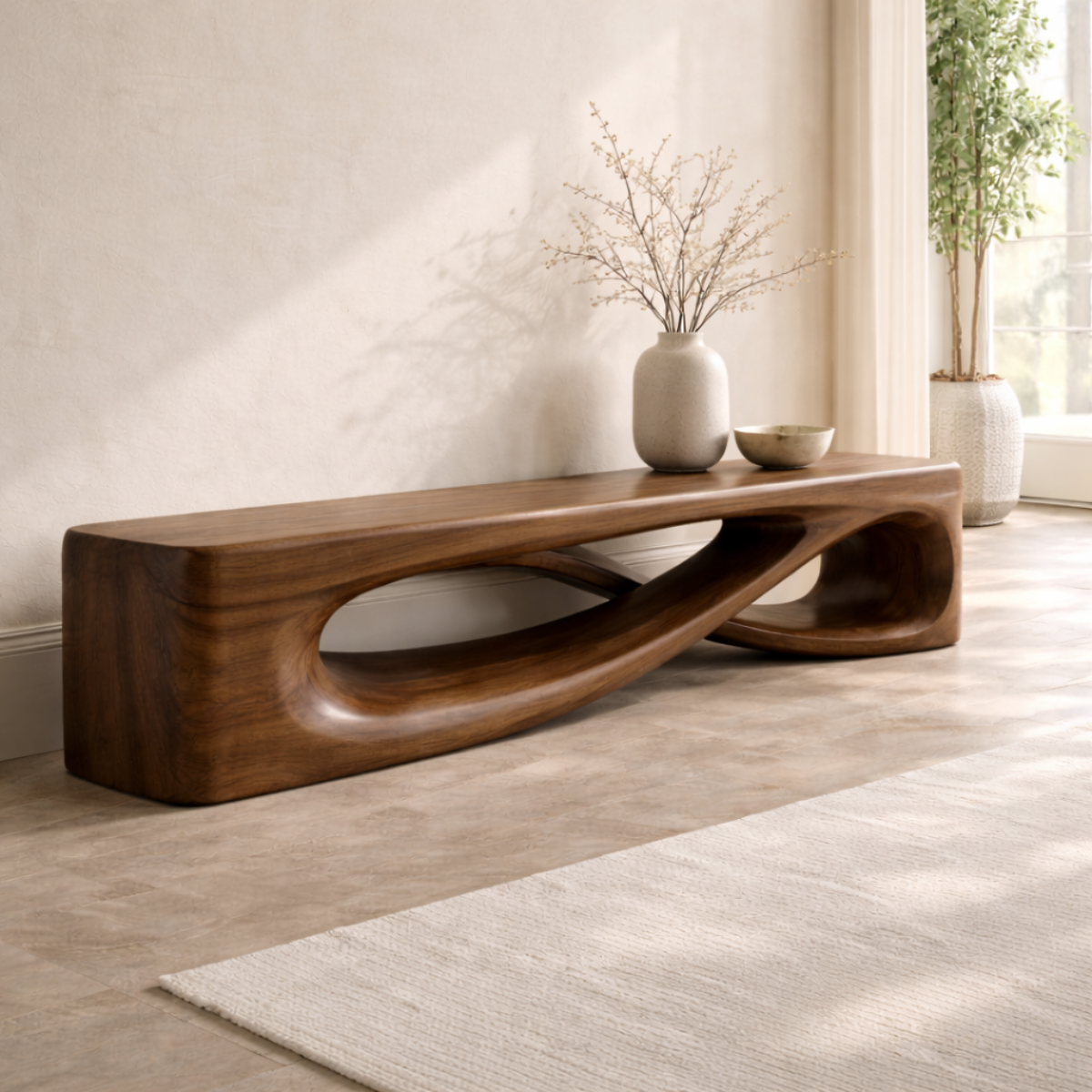 Modern Sculptural Entryway Bench Curved Hallway Seat Organic Statement Furniture - view 2 of 7
