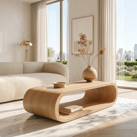 Modern Curved Coffee Table with Open Shelf for Contemporary Minimalist Interiors - view 1 of 7