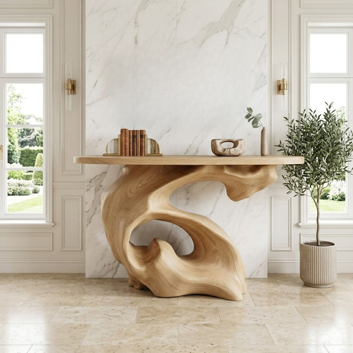 Solid Wood Console Table with Sculpted Organic Base, Artistic Modern Design - view 1 of 7