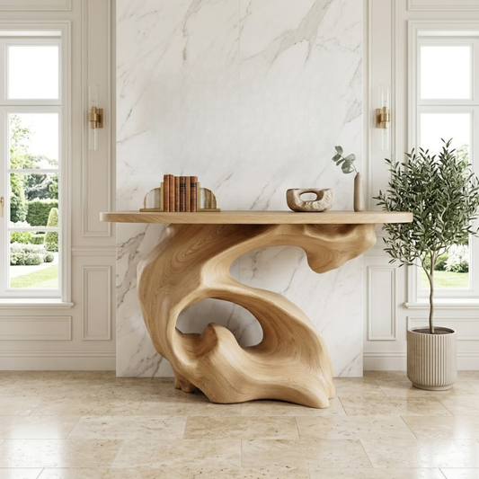 Solid Wood Console Table with Sculpted Organic Base, Artistic Modern Design - view 1 of 7