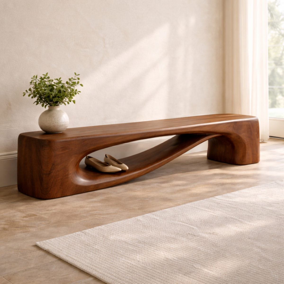 Modern Entryway Bench with Shelf Sculptural Hallway Seat Organic Statement Furniture - view 2 of 7