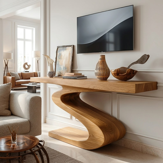 Solid Wood Console Table with Sculpted Curved Base, Modern Artistic Design - view 1 of 7