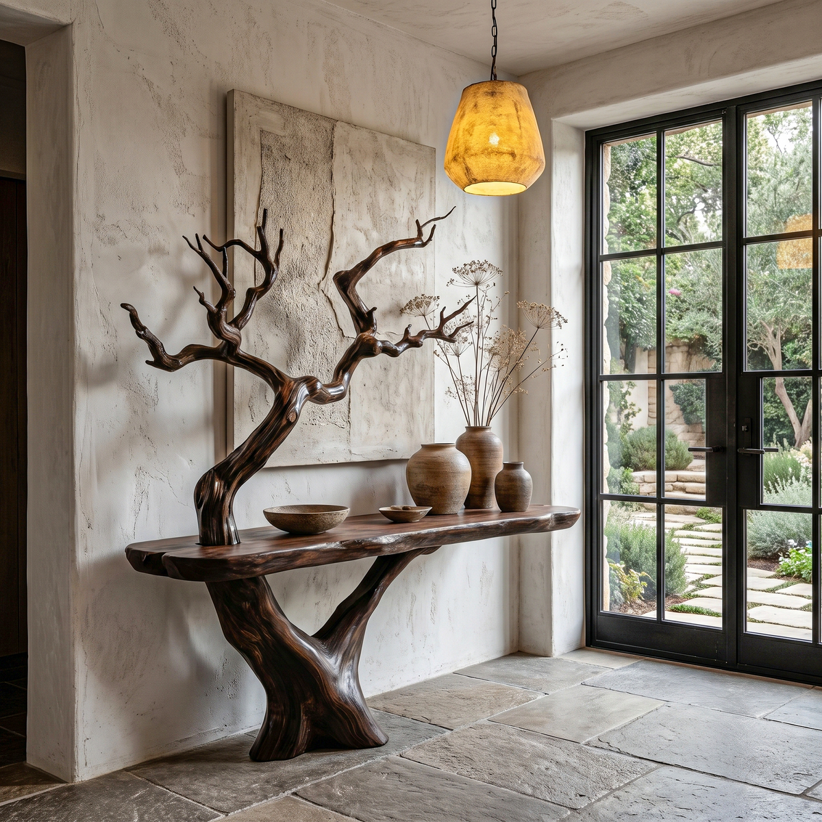 Rustic Console Table With Sculptural Tree Branch Base And Live Edge Wood Top For Entryway And Living Room - view 1 of 8