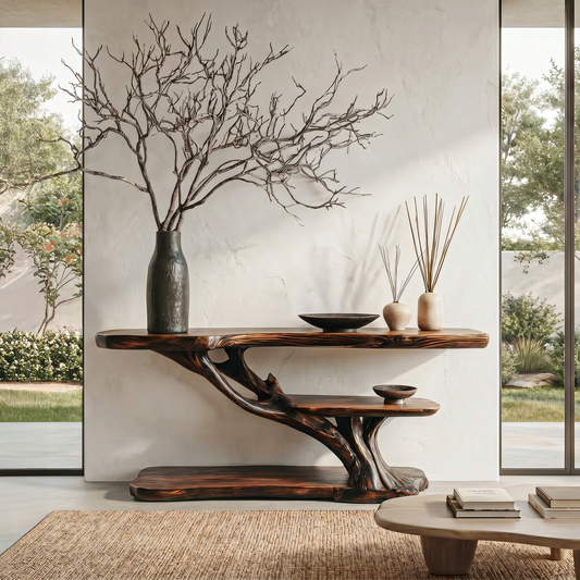 Organic Sculptural Console Table With Handcrafted Wood Base For Hallway - view 1 of 8