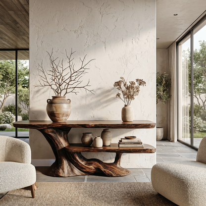 Rustic Console Table With Handcrafted Tree Root Base And Tiered Shelves For Entryway - view 1 of 8