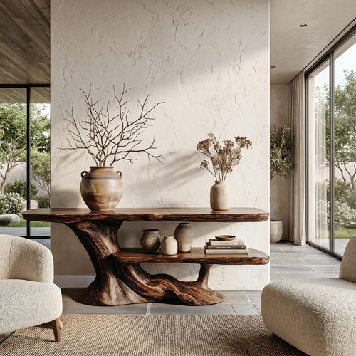 Rustic Console Table With Handcrafted Tree Root Base And Tiered Shelves For Entryway - view 1 of 8
