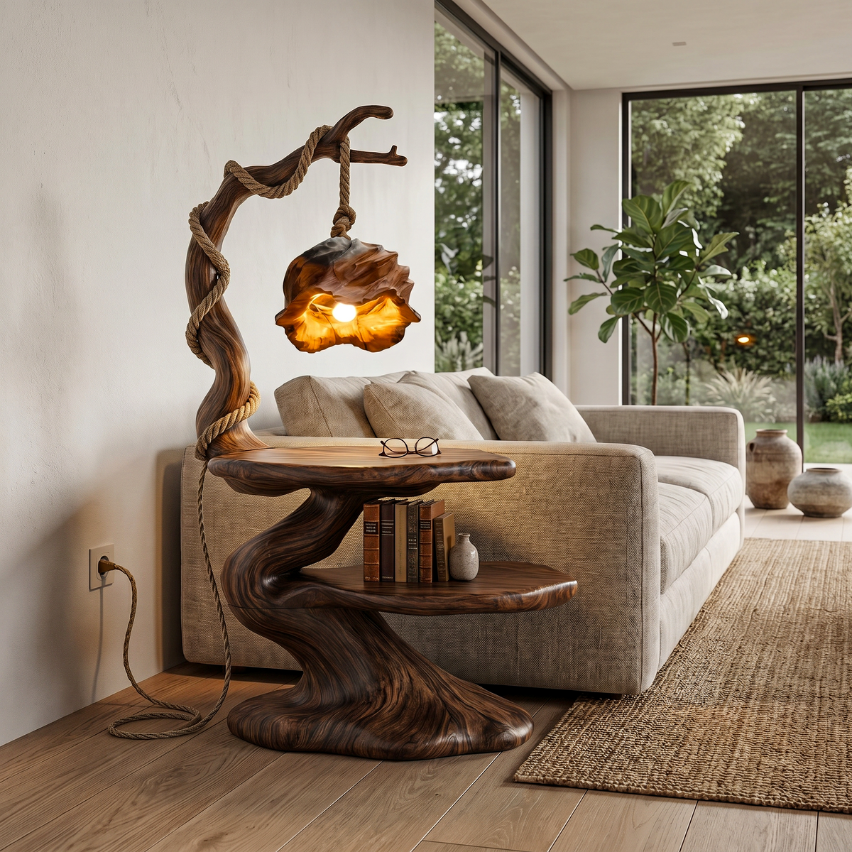 Rustic Beside Table With Tree Root Design And Hanging Lamp For Living Room - view 1 of 8