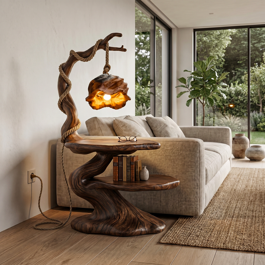 Rustic Beside Table With Tree Root Design And Hanging Lamp For Living Room - view 1 of 8