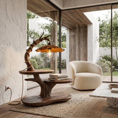 Sculptural Beside Table With Tree Branch Lamp And Open Storage Shelves For Living Room - view 1 of 8