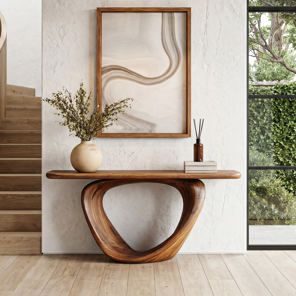 Sculptural Console Table With Loop Shaped Wooden Base Live Edge Console Table With Unique Sculptural Base Design - view 1 of 8