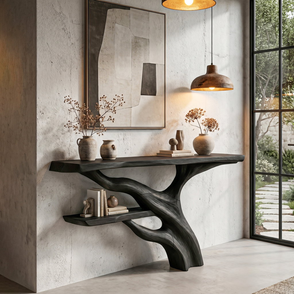 Sculptural Console Table With Abstract Branch Inspired Base And Solid Wood Top For Entryway - view 1 of 8