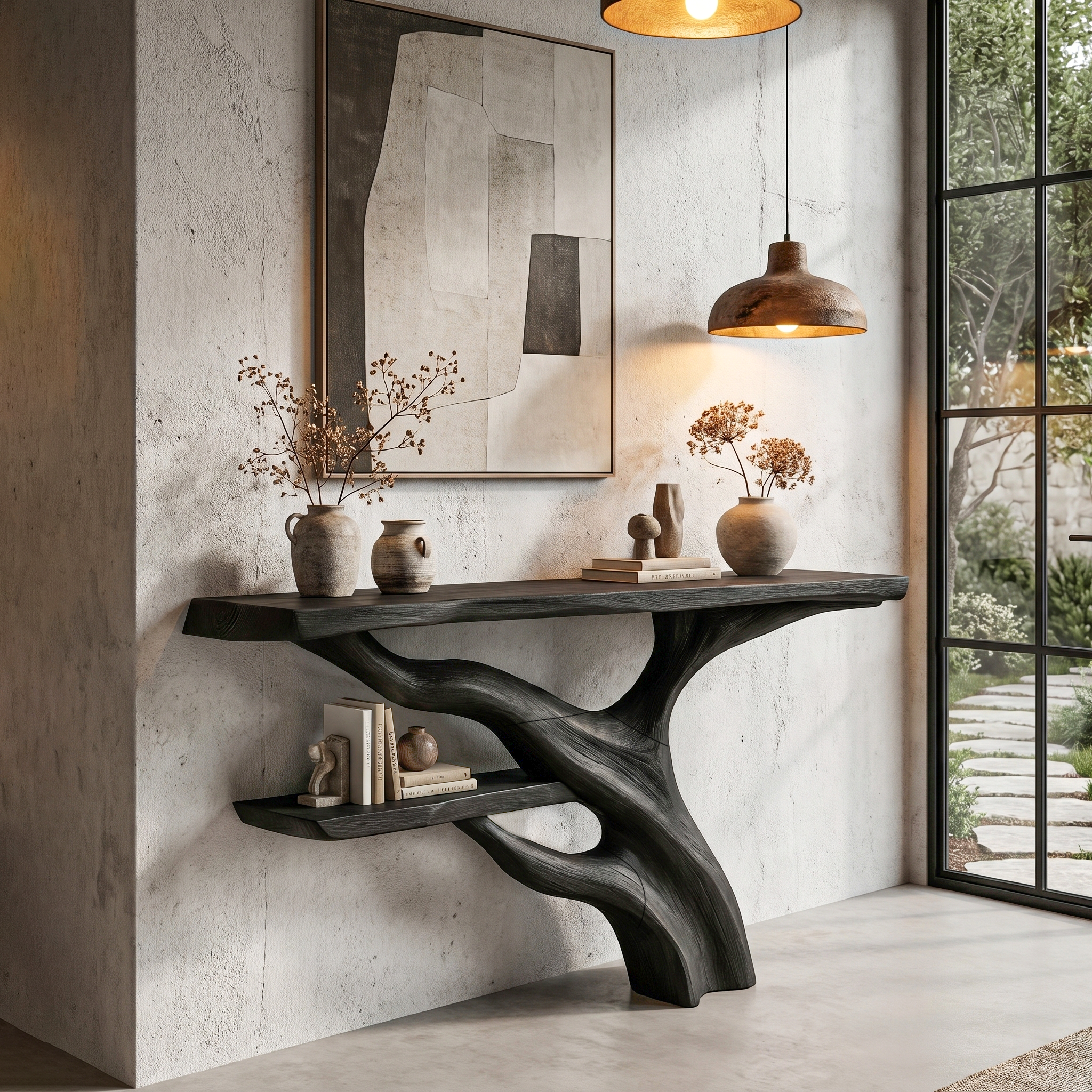 Sculptural Console Table With Abstract Branch Inspired Base And Solid Wood Top For Entryway - view 1 of 8
