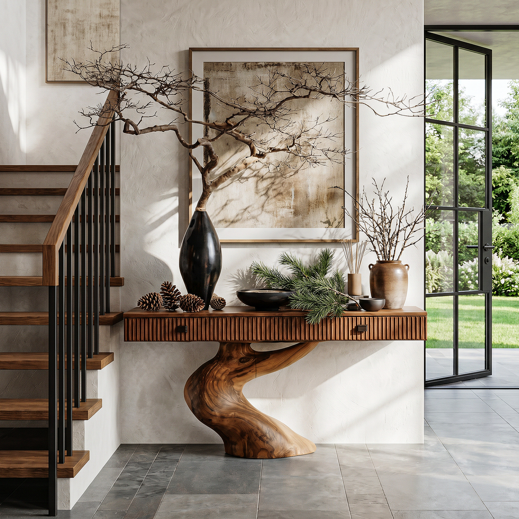 Rustic Console Table With Integrated Drawers And Artistic Tree Root Pedestal For Living Room - view 1 of 8