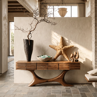Contemporary Console Table With Curved Tree Trunk Base And Built In Storage Drawers For Living Room - view 1 of 8