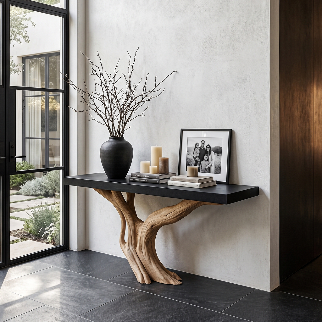 Organic Wall Mounted Console Table With Sculptural Wood Base For Hallway - view 1 of 8