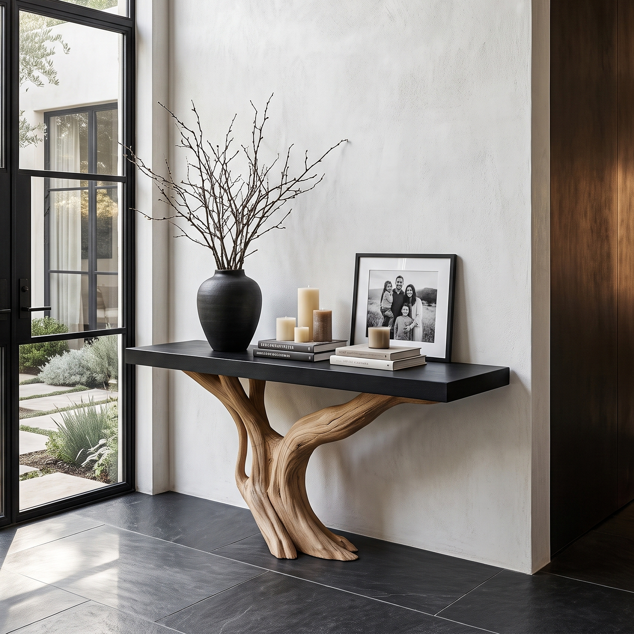 Organic Wall Mounted Console Table With Sculptural Wood Base For Hallway - view 1 of 8