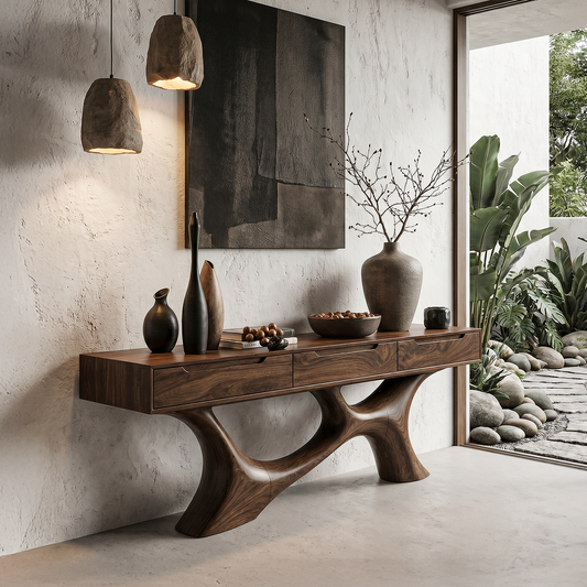 Modern Console Table With Built In Storage Cabinet And Sculptural Curved Wood Base For Entryway And Living Room - view 1 of 8