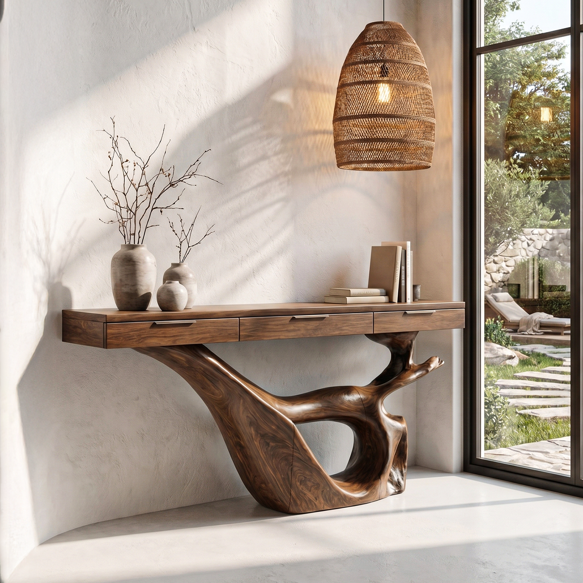 Minimal Console Table With Sculptural Curved Loop Wood Base And Solid Wood Top For Entryway And Living Room - view 1 of 8