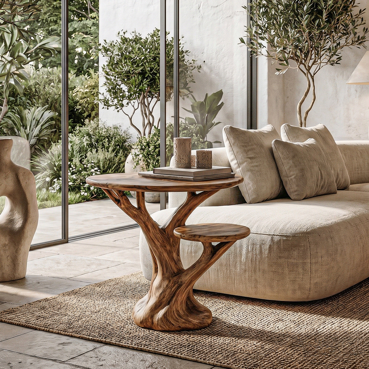 Organic Sculptural Side Table With Tree Inspired Solid Wood Base For Living Room And Bedroom - view 1 of 8