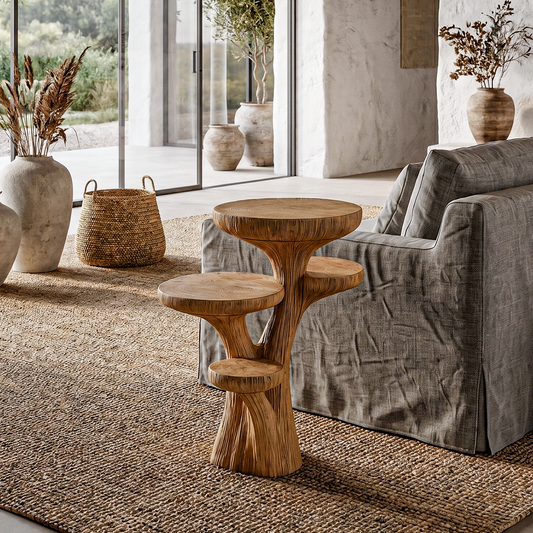 Rustic Sculptural Side Table With Handcrafted Solid Wood Pedestal Base For Living Room And Bedroom - view 1 of 8