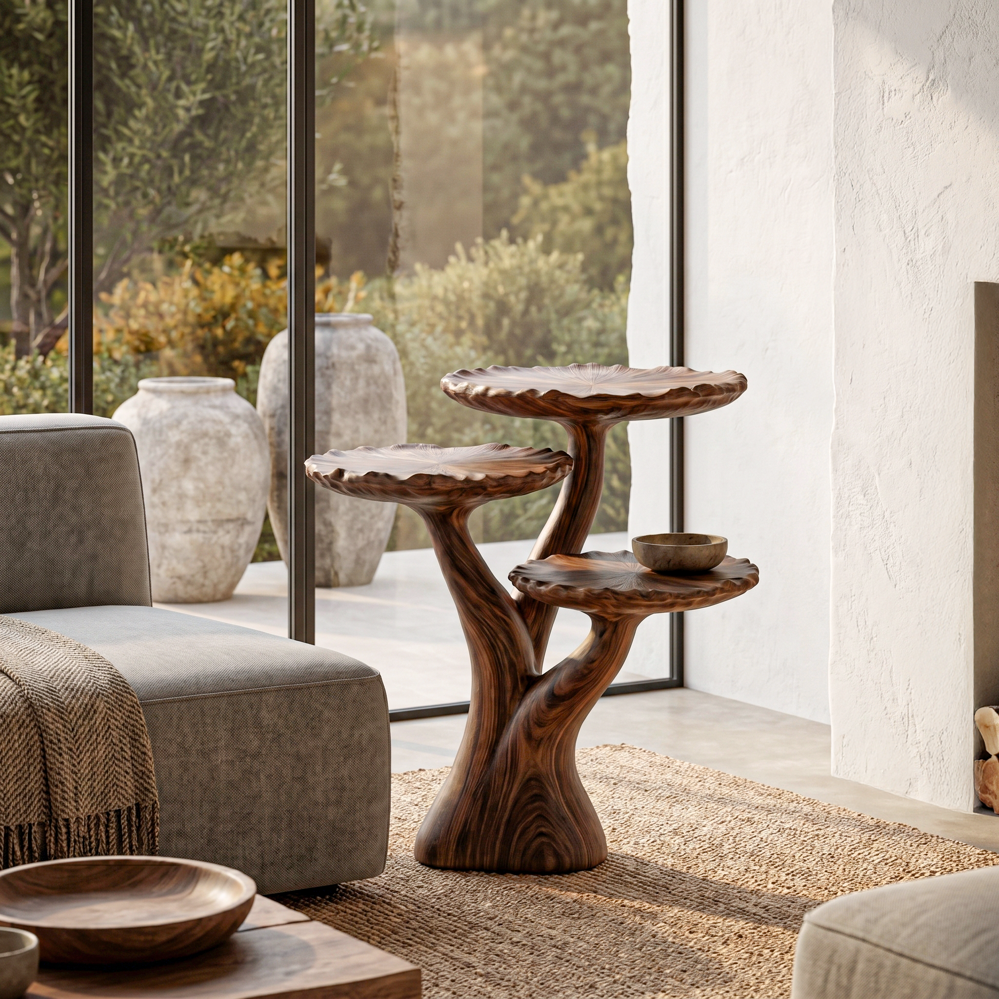 Organic Sculptural Side Table With Multi Tier Solid Wood Shelves For Living Room And Bedroom - view 1 of 8