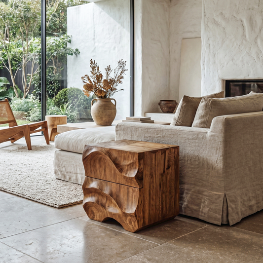 Rustic Sculptural Side Table With Hand Carved Solid Wood Base For Living Room And Bedroom - view 1 of 8