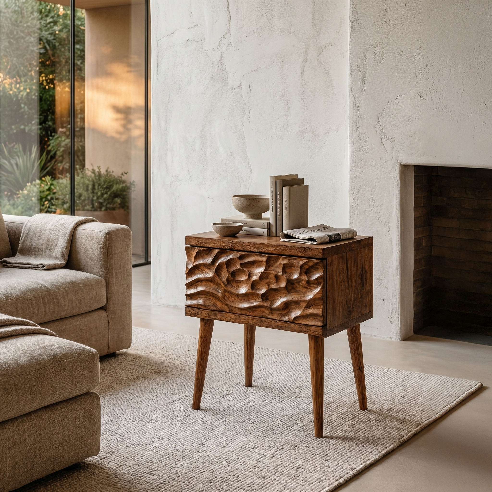 Mid Century Modern Side Table With Carved Wood Drawer And Open Shelf For Living Room And Bedroom - view 1 of 8