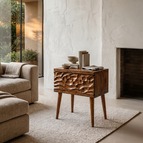Mid Century Modern Side Table With Carved Wood Drawer And Open Shelf For Living Room And Bedroom - view 1 of 8