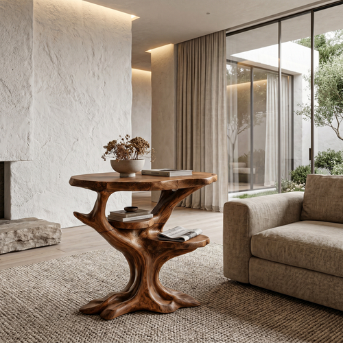 Organic Sculptural Side Table With Solid Wood Display Shelves For Living Room And Bedroom - view 1 of 8