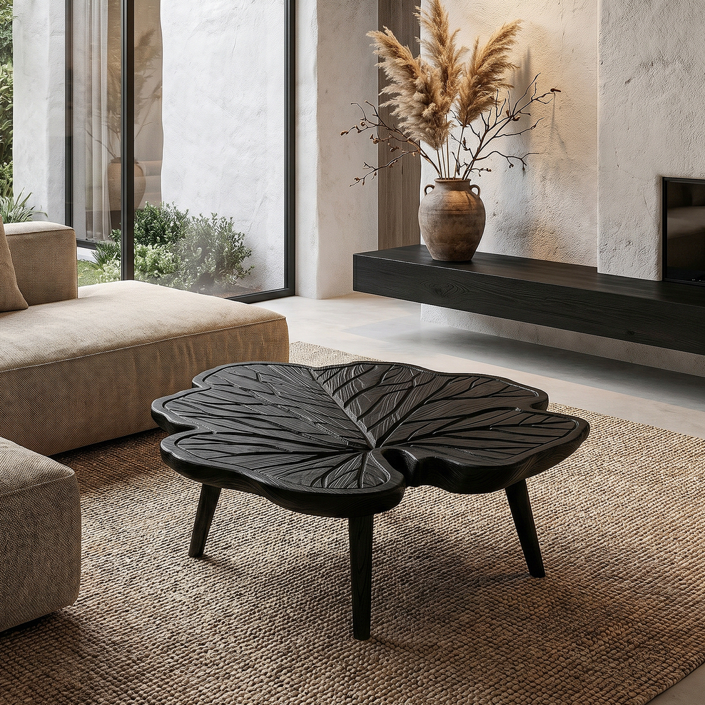 Rustic Leaf Coffee Table With Hand Carved Solid Wood Design For Living Room - view 1 of 8