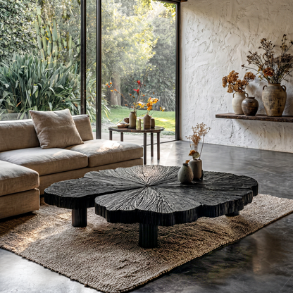 Rustic Coffee Table With Hand Carved Organic Wood Top And Chunky Pedestal Legs For Living Room - view 1 of 8