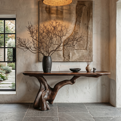 Organic Console Table With Sculptural Open Ring Wood Base For Entryway And Living Room - view 1 of 8