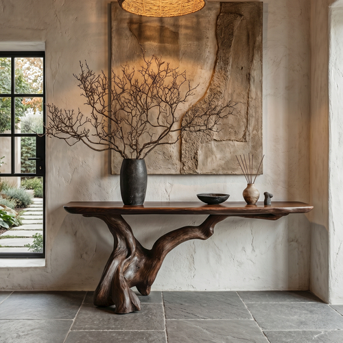 Organic Console Table With Sculptural Open Ring Wood Base For Entryway And Living Room - view 1 of 8