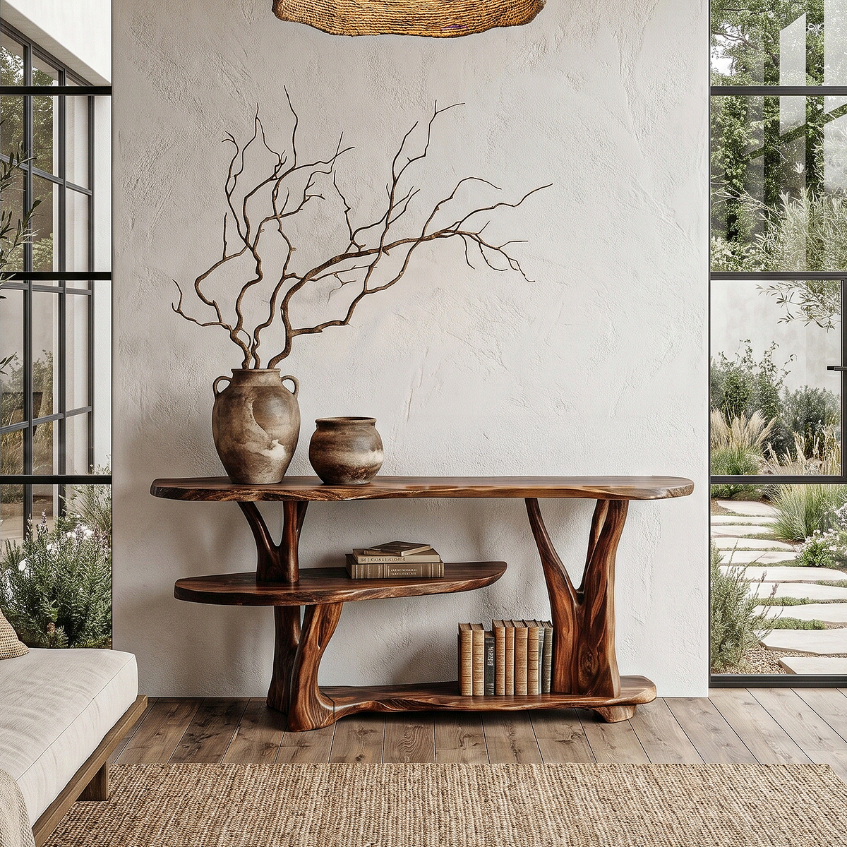 Organic Console Table With Sculptural Tree Root Base And Open Shelf Storage For Entryway And Living Room - view 1 of 8