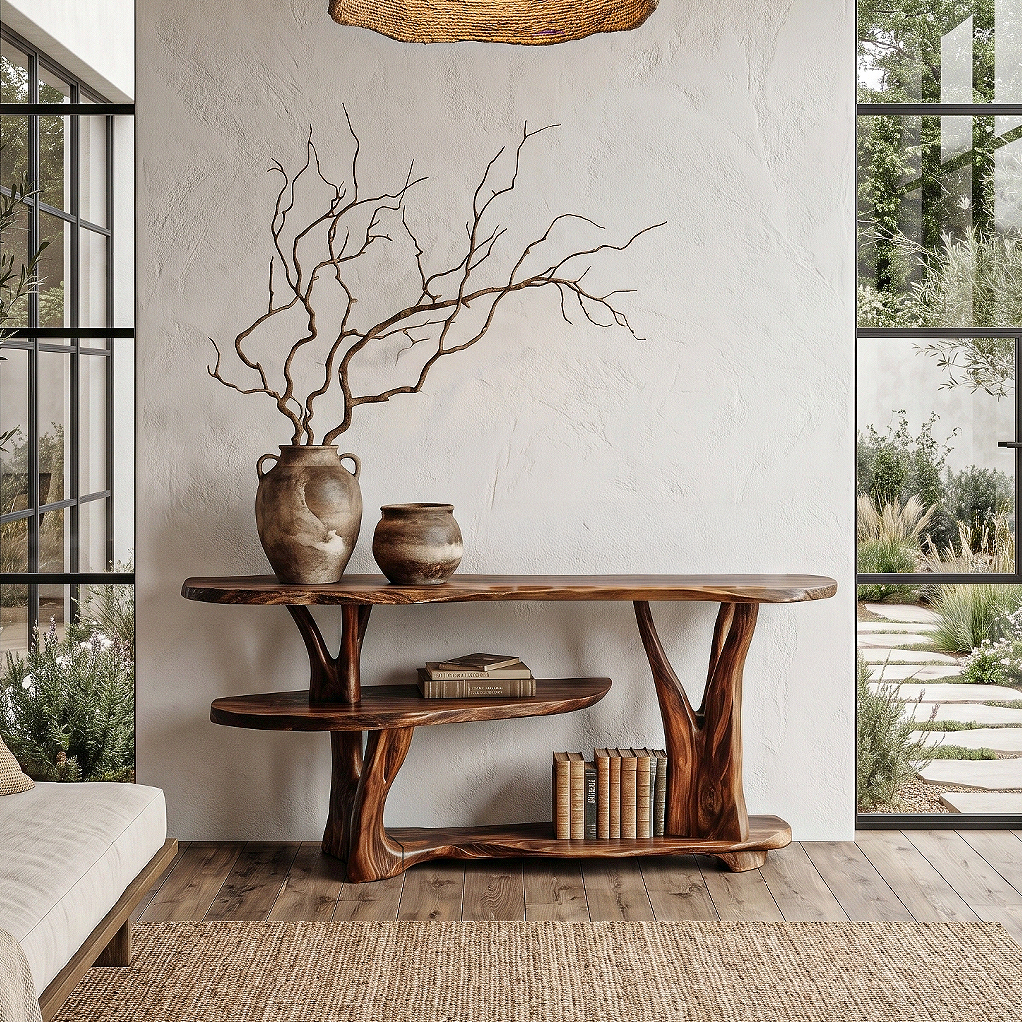 Organic Console Table With Sculptural Tree Root Base And Open Shelf Storage For Entryway And Living Room - view 1 of 8