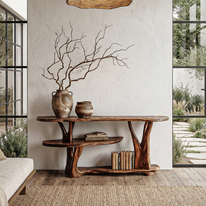 Organic Console Table With Sculptural Tree Root Base And Open Shelf Storage For Entryway And Living Room - view 1 of 8