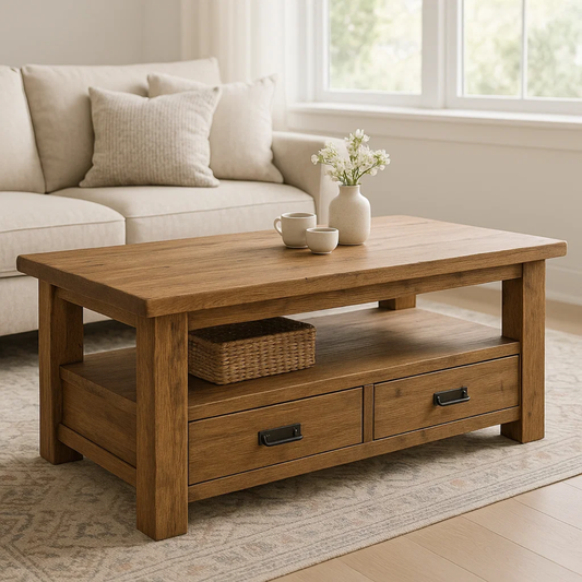 Handcrafted Solid Wood Coffee Table – Rustic Farmhouse Storage with Two Drawers and Shelf - view 1 of 6