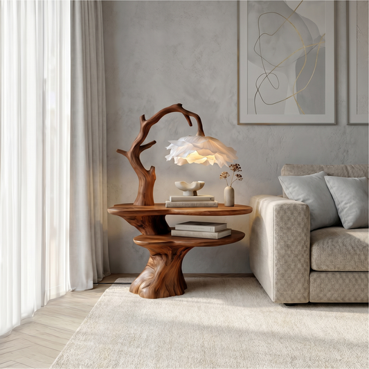 Natural Bedside Table With Floral Lamp And Tree Branch Form For Bedroom And Guest Room - view 1 of 8