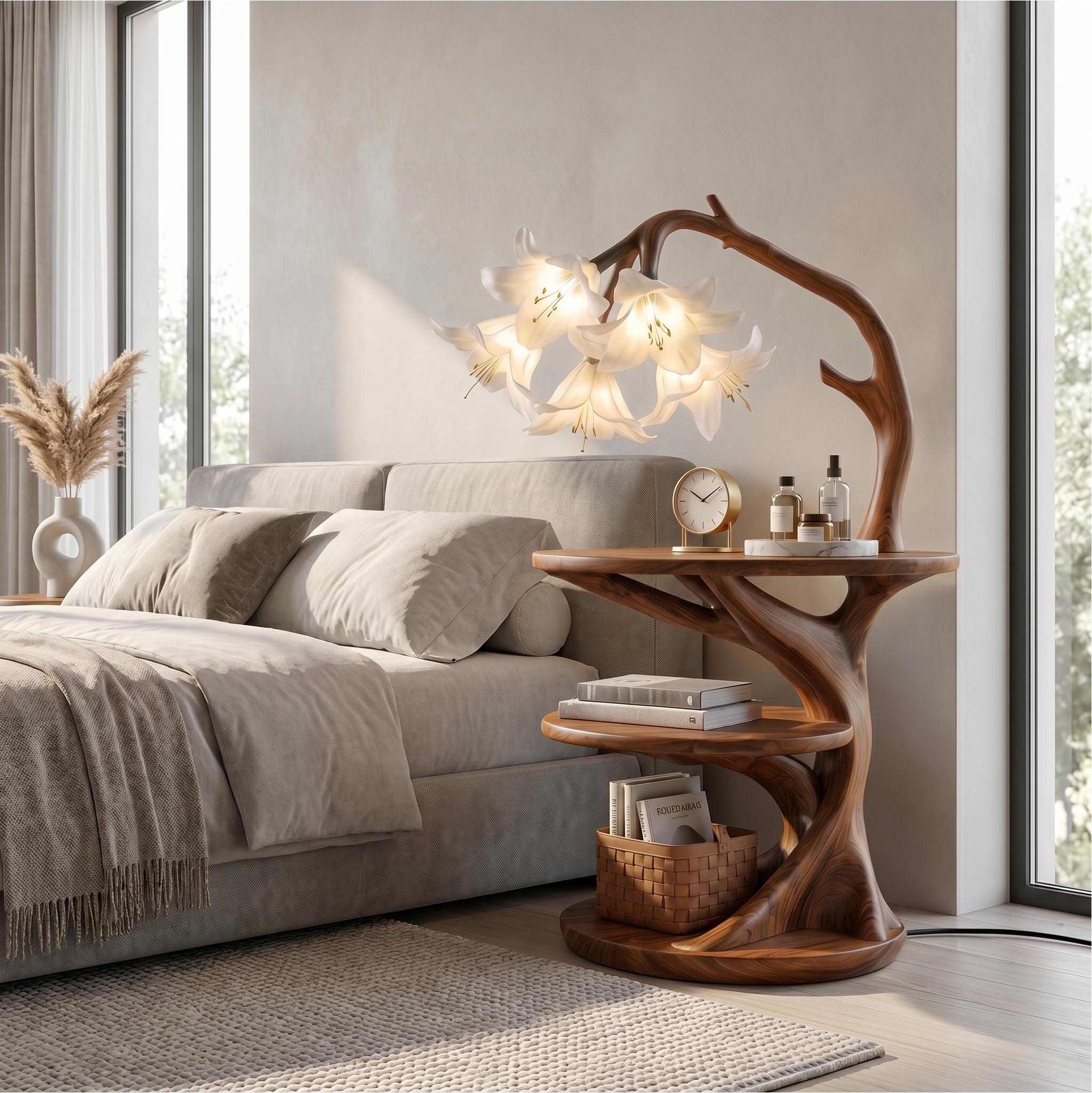 Rustic Side Table With Flower Shade Lamp For Bedroom And Living Room - view 1 of 8