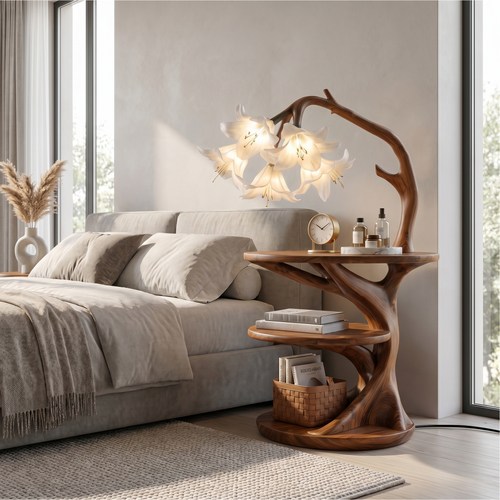 Rustic Side Table With Flower Shade Lamp For Bedroom And Living Room - view 1 of 8