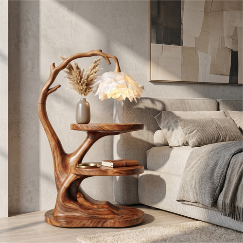 Organic Bedside Table With Sculptural Flower Lamp For Bedroom And Reading Nook - view 1 of 8