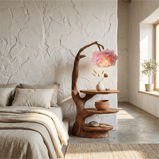 Natural End Table With Tree Branch Form And Flower Lamp For Bedroom And Reading Nook - view 1 of 8