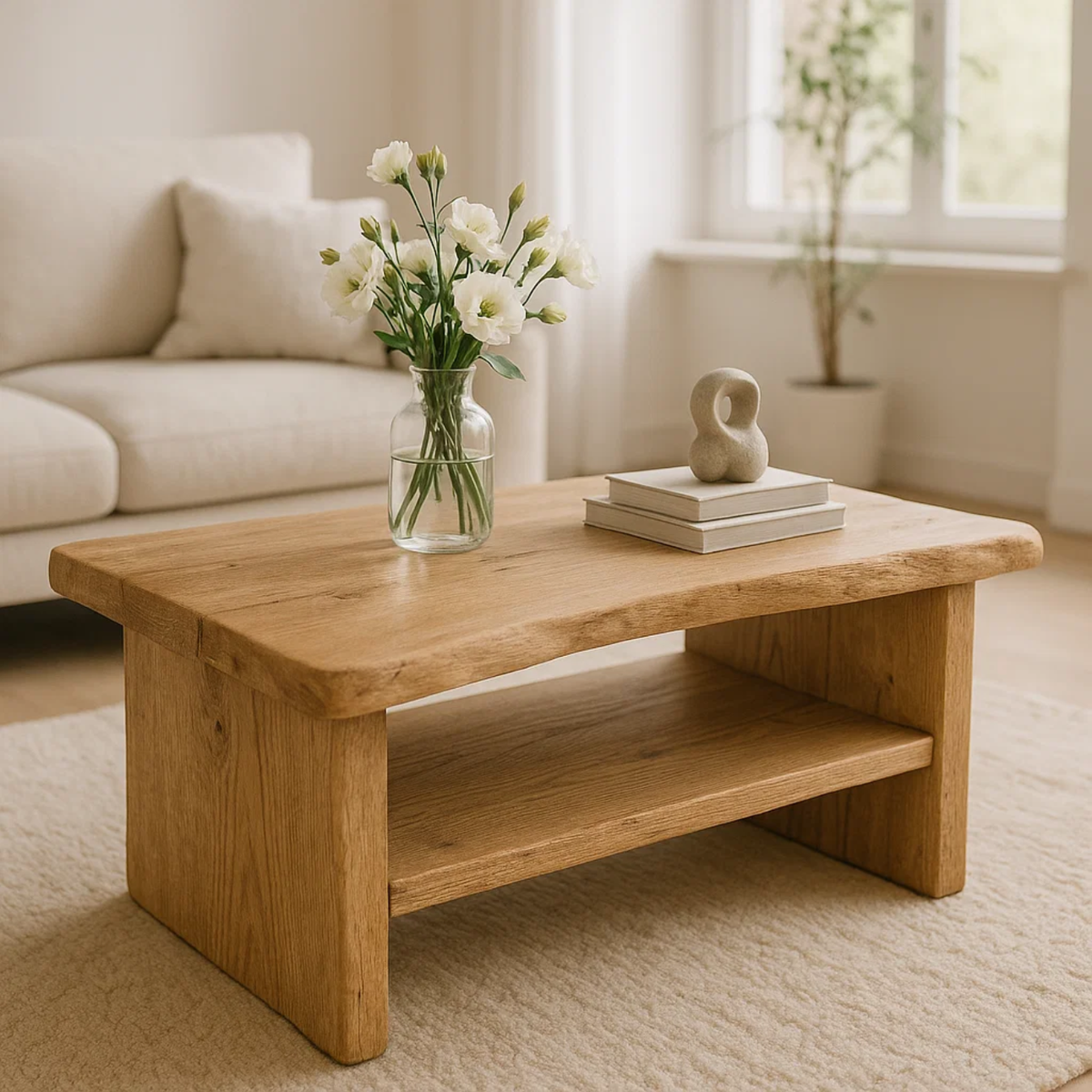 Handcrafted Solid Oak Coffee Table - Live Edge, Rustic Modern with Open Shelf - view 1 of 6