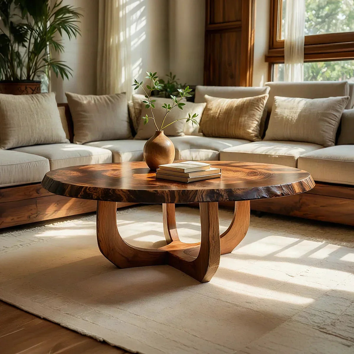 Round Natural Wood Coffee Table with Curved Open Sculptural Base - view 1 of 7