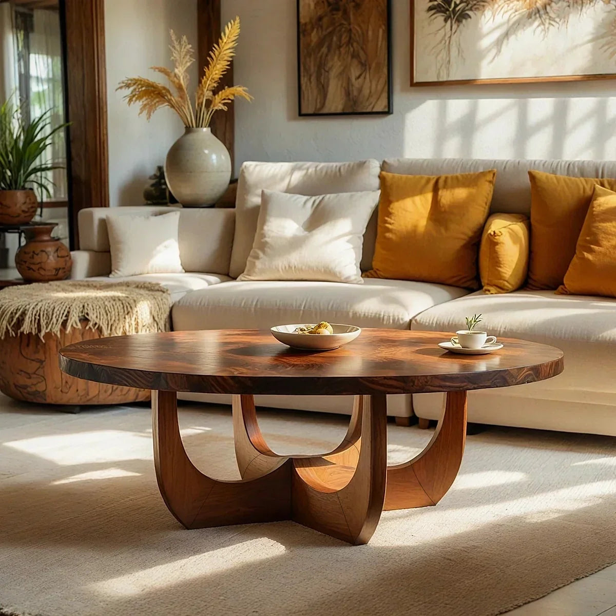 Round Natural Wood Coffee Table with Sculptural Curved Base - view 1 of 6