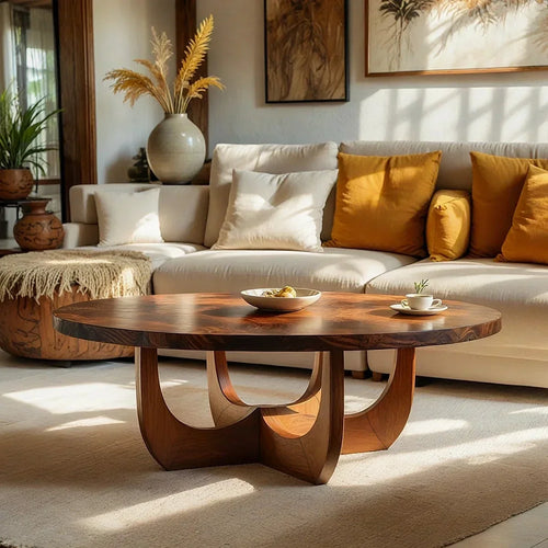 Round Natural Wood Coffee Table with Sculptural Curved Base - view 1 of 6