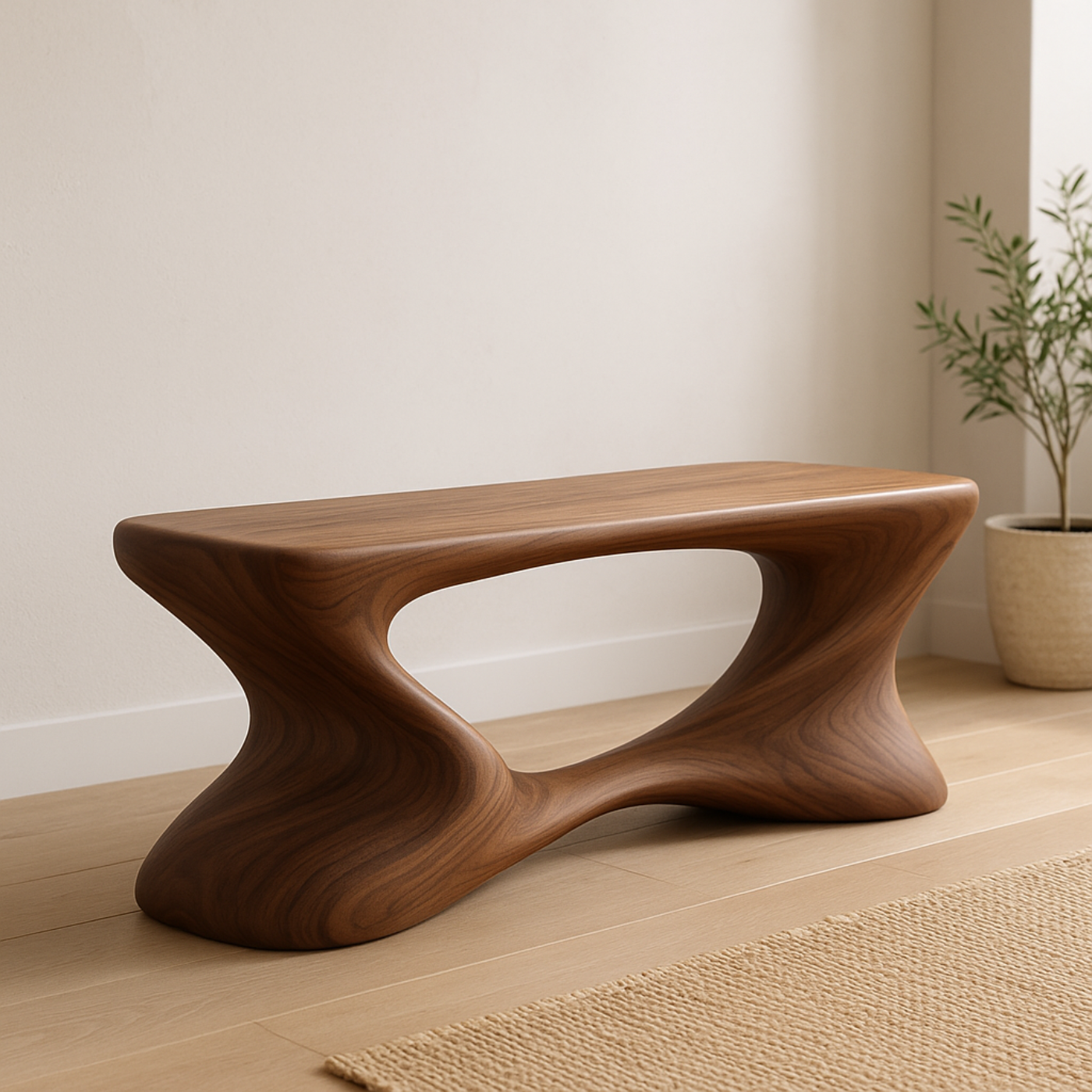 Handcrafted Solid Wood Bench – Sculptural Modern Walnut Wave Accent Table - view 1 of 6