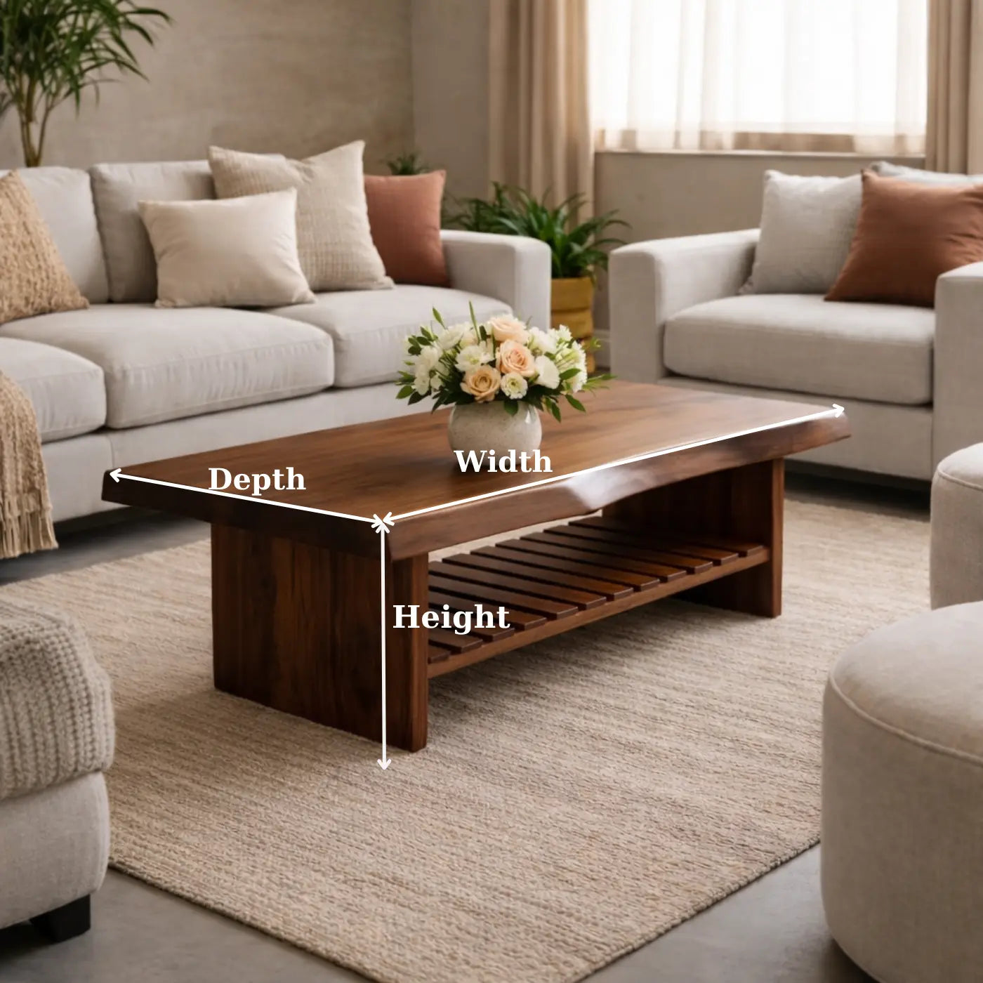 Live Edge Walnut Coffee Table with Slatted Shelf, Natural Modern Design for Living Room - view 6 of 9